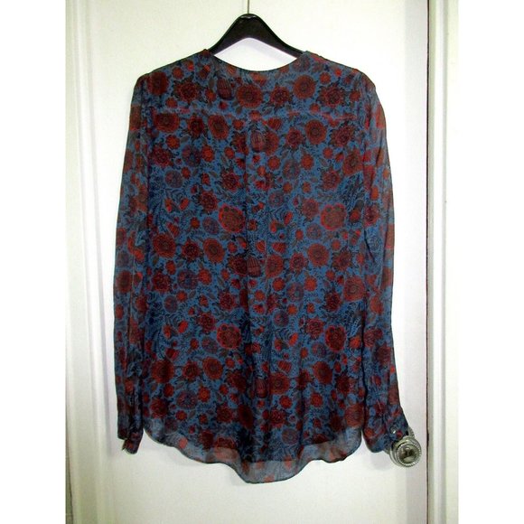 Hanley Mellon 100% Silk 8 Blouse Blue Floral Boho Semi Sheer M Shirt Tunic Mint! - Picture 5 of 10